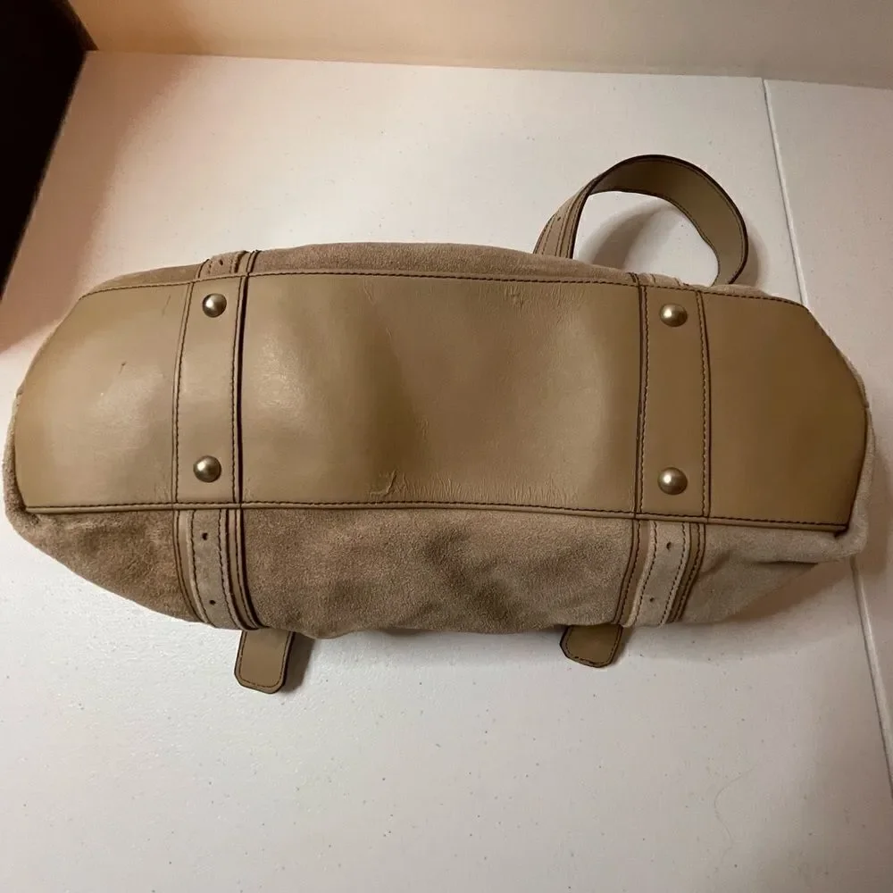 Longaberger Fold Over Hobo Handbag Purse Suede Leather Taupe Sisters